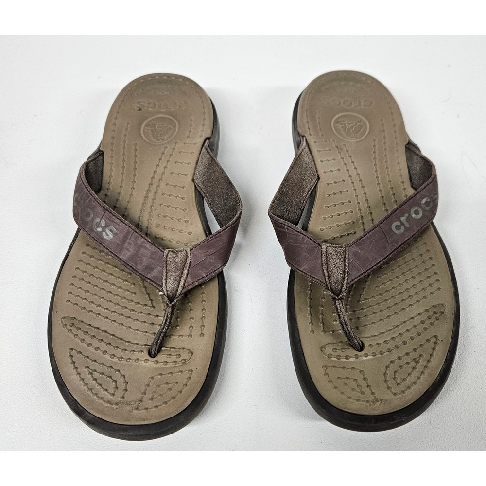 Crocs Yukon Flip Flops Mens 10 Brown Leather Strap Croslite Comfort Sandals